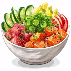 Hawaiian Poke Bowl with Salmon, Tuna, Cucumber, Mango, Tomato and Green Onions.