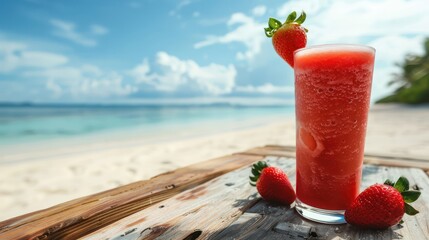 Wall Mural - low angle view of a large strawberry shake on a little wooden table on a white sandy tropical beach 