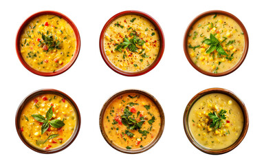 Wall Mural - Collection bowl of delicious creamy corn soup isolated on a transparent background, top view, cut out, PNG