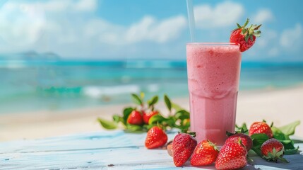 Wall Mural - low angle view of a large strawberry shake on a little wooden table on a white sandy tropical beach 