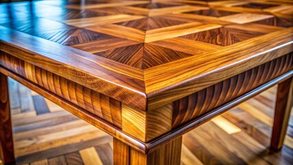 Wall Mural - Exquisite close-up of a meticulously crafted wooden table, highlighting rich textures and warm tones of the natural wood grain patterns.