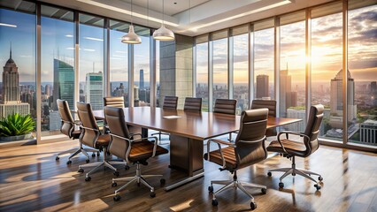Wall Mural - Modern sleek conference room with glass table surrounded by high-backed leather chairs and cityscape views through floor-to-ceiling windows.