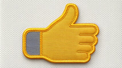 yellow embroidered patch with thumbs up emblem on transparent background, isolated, high-quality dig