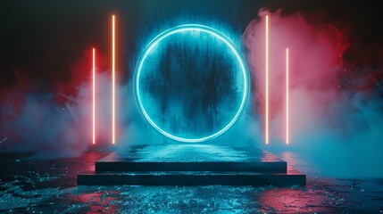 Canvas Print - Enchanting futuristic gateway concealed in mist. Circular luminescent futuristic teleporter. Illuminated by neon lights on a dark backdrop. Gleaming empty platform.