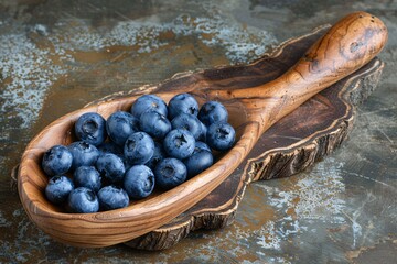 Canvas Print - Juicy ripe forest blueberries on big wooden ladle over aged wooden surface