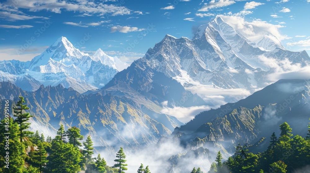 Majestic mountain range with snow-capped peaks and lush forests Stock ...