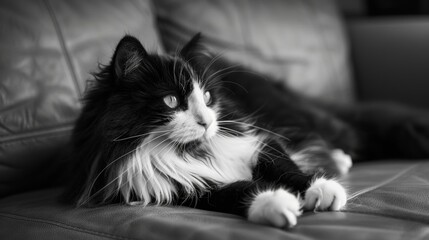 Poster - Black and White Fluffy Cat on the Sofa