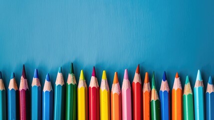 Canvas Print - Colorful pencils displayed on a blue backdrop