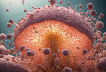 A microscopic view of Saccharomyces boulardi yeast, emphasizing its ability to multiply and spread rapidly in a given environment through the processes of budding and cell division Generative AI 