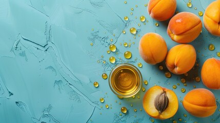 Poster - Apricot kernel oil displayed on a blue background surrounded by space for text