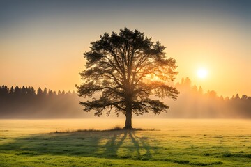 Wall Mural - sunrise and alone tree in a land 4k desktop wallpaper