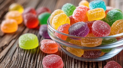 Wall Mural - Colorful round candies and marmalade displayed in a sugar bowl on a wooden table vibrant treats