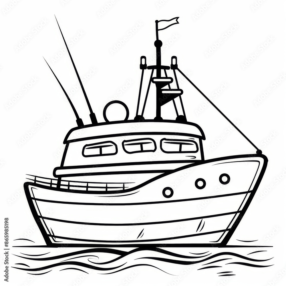 Black and white illustration of a fishing boat sailing on the ocean ...
