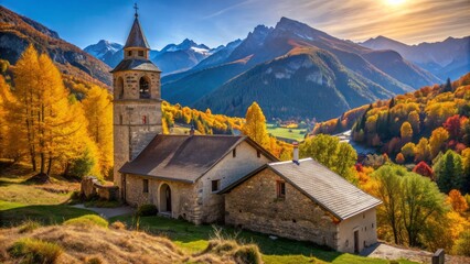 dramatic autumn hues surround rustic saint marcellin church's ancient bell tower in picturesque neva