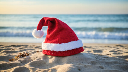 Merry Christmas and Happy New Year background with Santa Claus Hat on the tropical beach near ocean