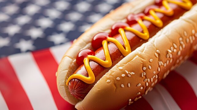 Patriotic vector art of hot dogs with ketchup and mustard, celebrating USA national holidays with retro design elements and vibrant colors