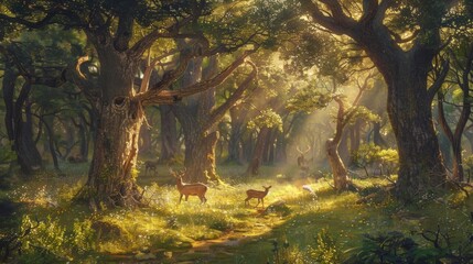 Wall Mural - A forest scene with a deer and a few other animals