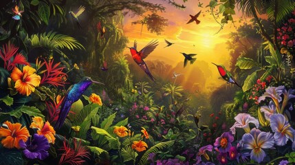 A colorful jungle scene with birds flying around and flowers blooming