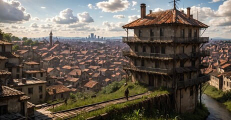 Wall Mural - aerial view of medieval urban city town with tall buildings, houses, and towers cityscape. fantasy ancient european wasteland style.