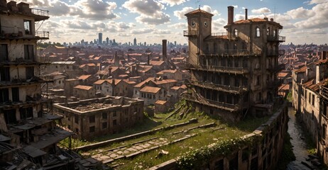Sticker - aerial view of medieval urban city town with tall buildings, houses, and towers cityscape. fantasy ancient european wasteland style.