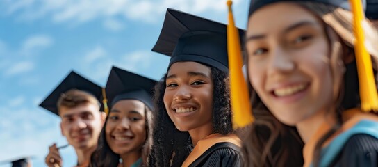 Wall Mural - A group of students dressed in black hoodies and gowns captured the youthful faces of a group laughing and embracing as they celebrated life's big moment