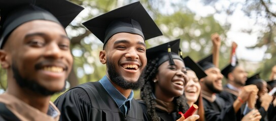 Wall Mural - A group of students dressed in black hoodies and gowns captured the youthful faces of a group laughing and embracing as they celebrated life's big moment