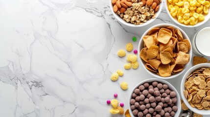 Wall Mural - Bowl of assorted snacks on marble table cereal and milk