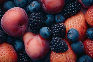 Wall Mural - Close-up of various fresh berries with water droplets, including strawberries, blueberries, raspberries, and blackberries.