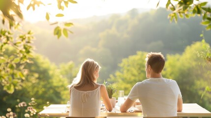 Unrecognisable couple dining al fresco on a summer evening, with a serene backdrop of nature, capturing peaceful relaxation,