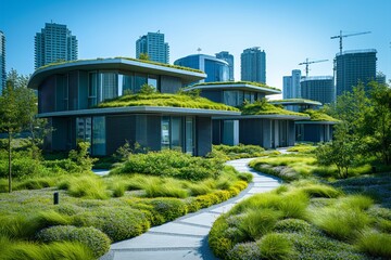 Futuristic cityscape with green rooftop gardens