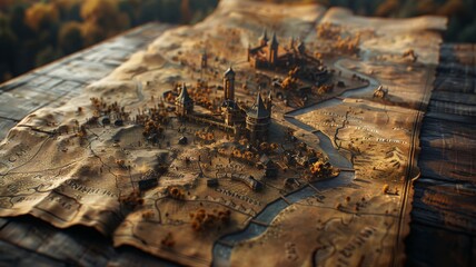 3D rendering of an ancient medieval fantasy map with a castle and city, concept for adventure, exploration, and history