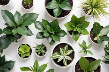 Poster - Various green potted plants including varieties with different leaf shapes and textures arranged on white background