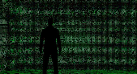 Poster - Silhouette of person standing amidst glowing green digital data streams. Represents technology, cybersecurity, information flow. Radiant lines of binary code illuminate figure in dark setting