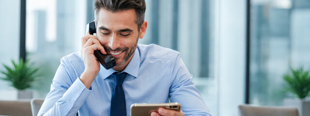 Wall Mural - Office scene capturing moment of business communication, man immersed in phone call, demonstrating work routine, corporate lifestyle, and professional dedication