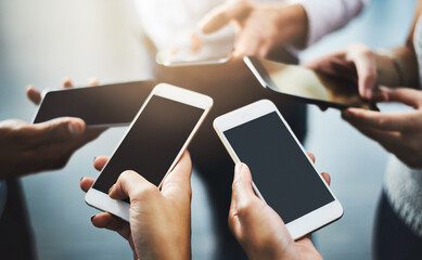 Poster - Hands, group and screen of cellphone, online and research for trending news of competition and typing. Mockup, people and closeup of collaboration, internet and mobile for content creation in app