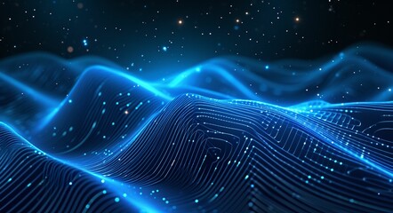 Poster - Abstract Blue Digital Wave Background With Glowing Particles
