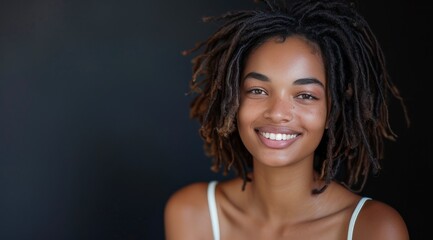 Wall Mural - Smiling Woman With Dreadlocks In Front Of A Black Background