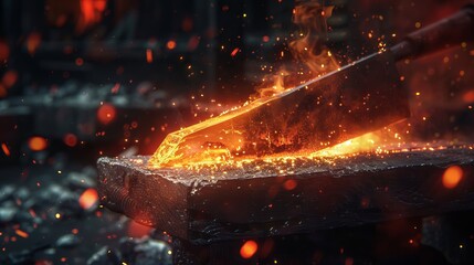 Close-up of a blacksmith forging hot metal with sparks flying in a workshop