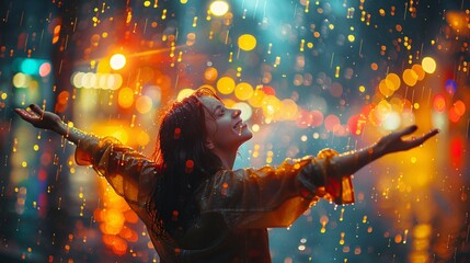 Wall Mural - Young woman with arms outstretched enjoying rain with colorful bokeh lights in the background.