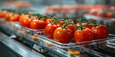 Wall Mural - Automated Packaging of Tomatoes in the Food Industry Using Tape. Concept Food Industry, Packaging Automation, Tomato Processing, Tape Application, Efficient Packaging