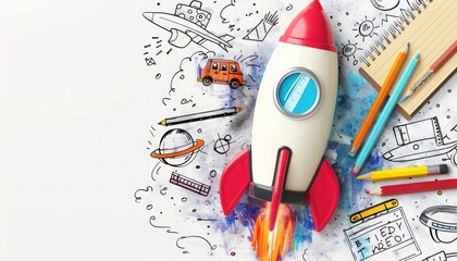 Hand-drawn rocket with school supplies, back to school theme, isolated on white background, copy space on the left.