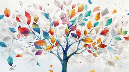 Wall Mural - Abstract wallpaper featuring a white floral tree design with vibrant leaves