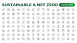 © artnazu - Set of sustainability and Net Zero, environmental, ecological, recyling, green, organic, industry thin line icons. Linear ecology simple symbol collection.