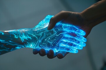 hand shaking between human and digital hand, integration between human and artificial intelligence.