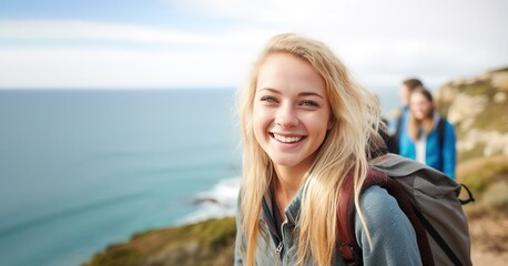 Wall Mural - A smiling blonde woman with a backpack is standing on a beach