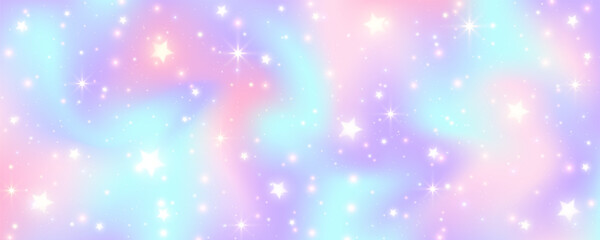 Wall Mural - Unicorn wavy fluid sky with stars. Gradient blurred background with sparkles. Pink and blue holographic fantasy wallpaper