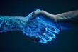 © Banstanks - hand shaking between human and digital hand, integration between human and artificial intelligence.