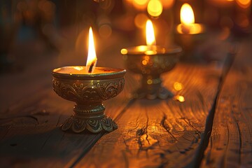 Wall Mural - Glowing oil lamps on rustic wooden table in a temple, creating a spiritual atmosphere. Concept of peace, faith, hope, and meditation.
