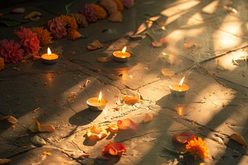 Wall Mural - Candles and flower petals scattered on temple floor, creating a spiritual atmosphere. Concept of peace, prayer, and meditation