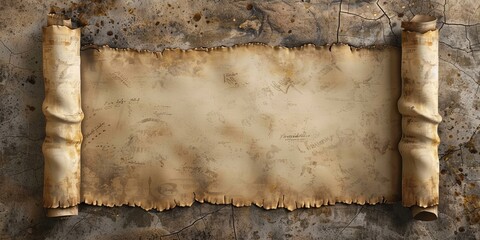 Old blank parchment or papyrus scroll on a textured stone background. Concept of history, ancient times, writing, and mystery.